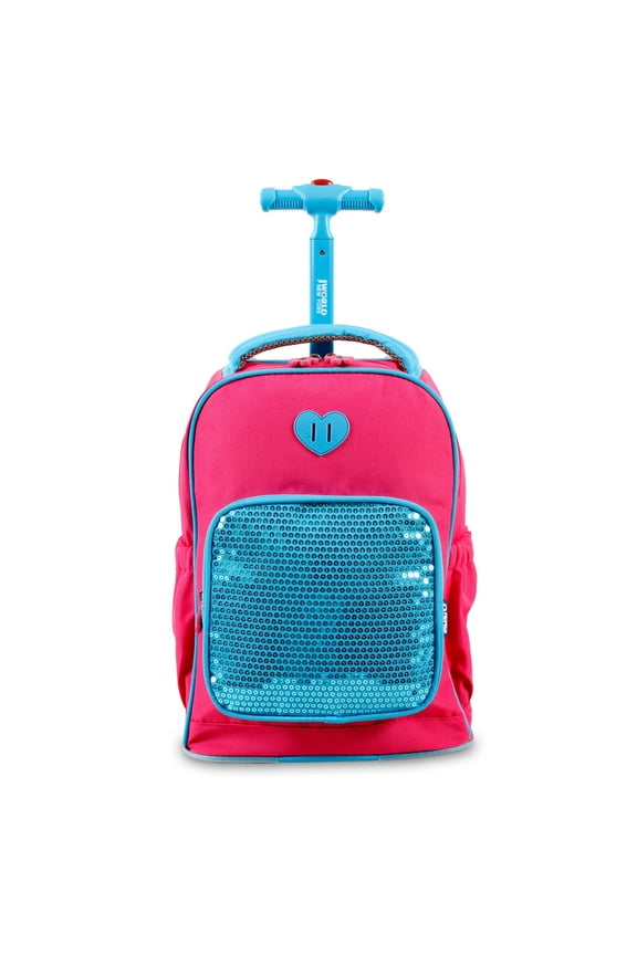 J World Girls Sparkle 15" Kids Rolling Backpack For School And Travel, Pink