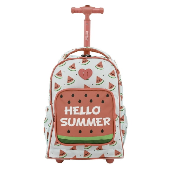J World Girls Sparkle 15" Kids Rolling Backpack for School and Travel, Watermelon