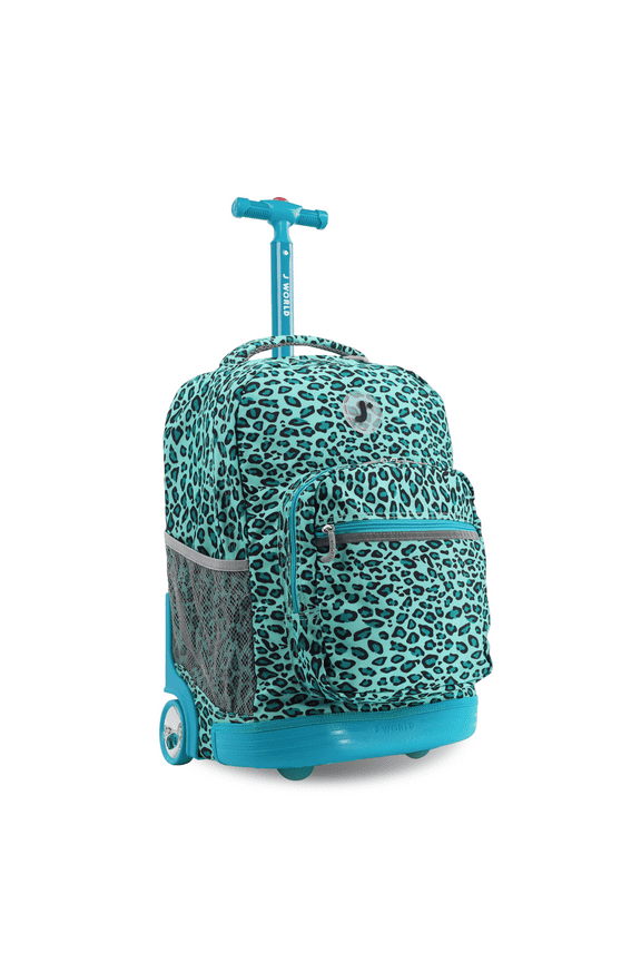 J World Girls Sunrise 18" Rolling Backpack for School and Travel, Mint Leopard