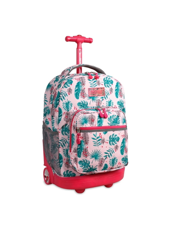 J World Girls Sunrise 18" Rolling Backpack for School and Travel, Palm Leaves