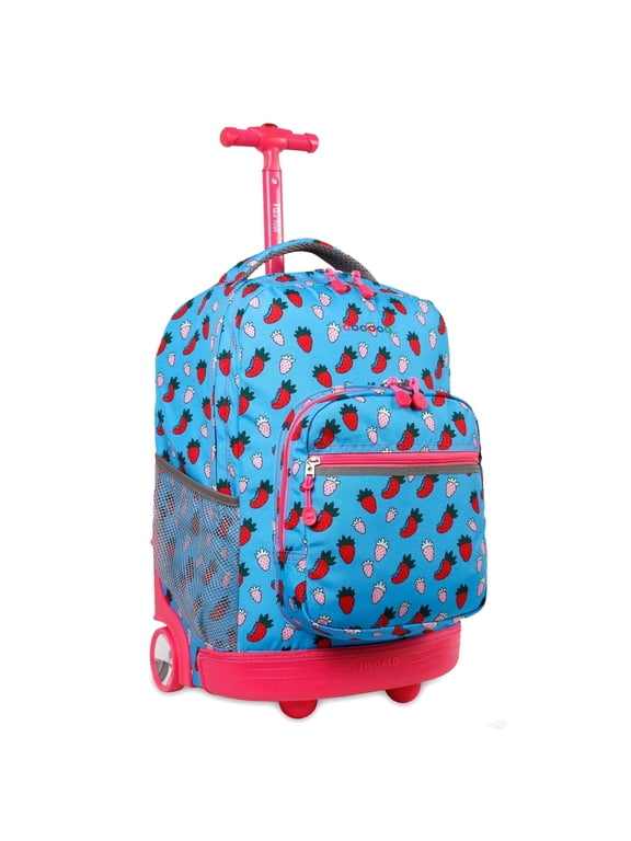 J World Girls Sunrise 18" Rolling Backpack for School and Travel, Strawberry