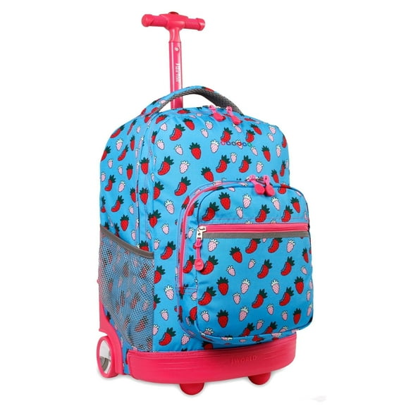 J World Girls Sunrise 18" Rolling Backpack for School and Travel, Strawberry