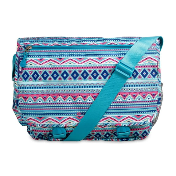 J World Girls Terry 15" Messenger Bag for School and Travel, Mint Tribal