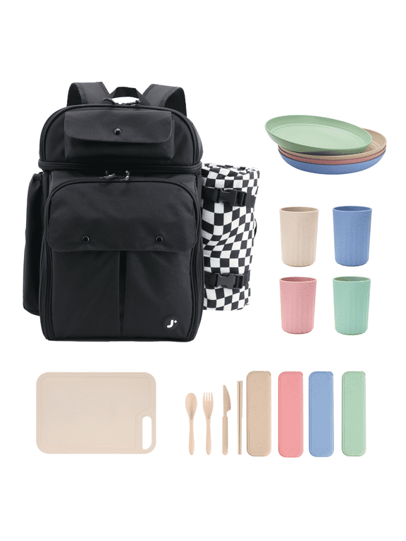 J World Picnic Backpack with Insulated Compartments & Picnic Mat, Black