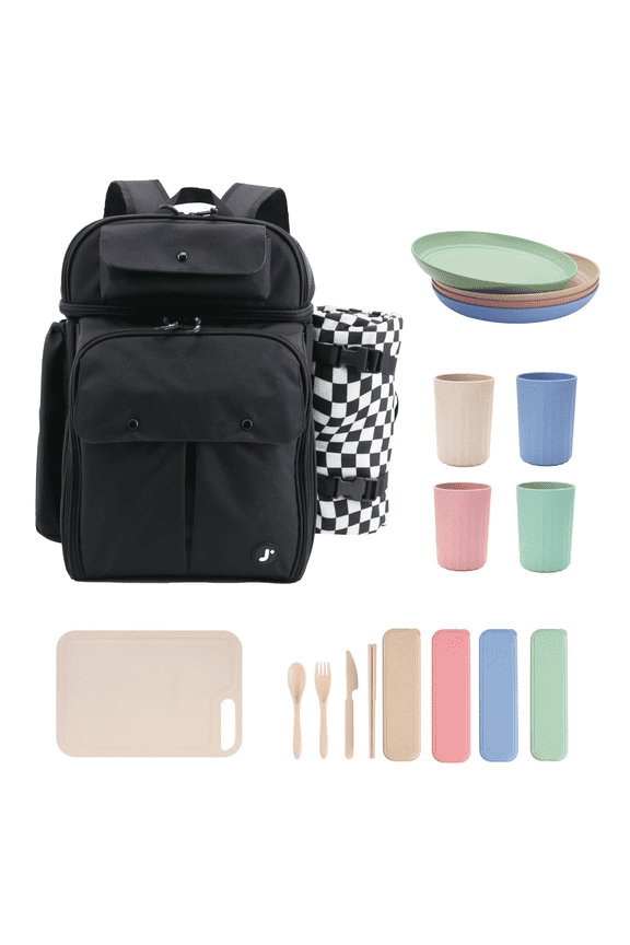 J World Picnic Backpack with Insulated Compartments & Picnic Mat, Black