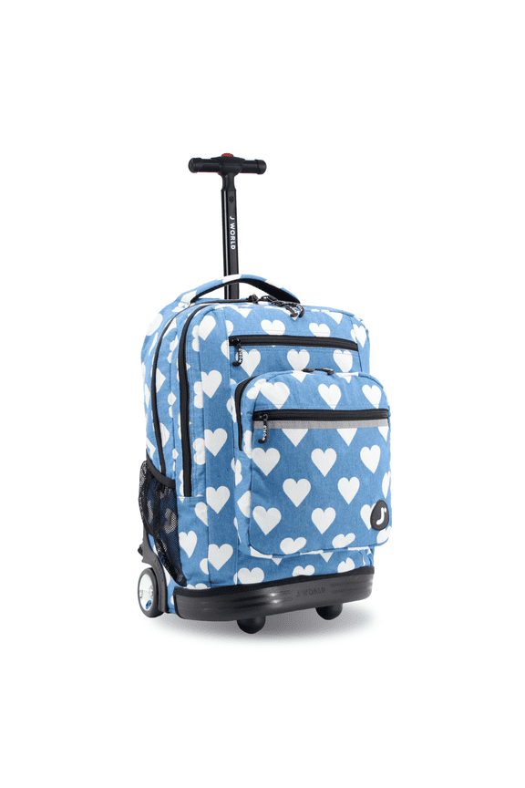 J World Unisex Sundance 20" Rolling Backpack with Laptop Sleeve for School and Travel, Denim Heart