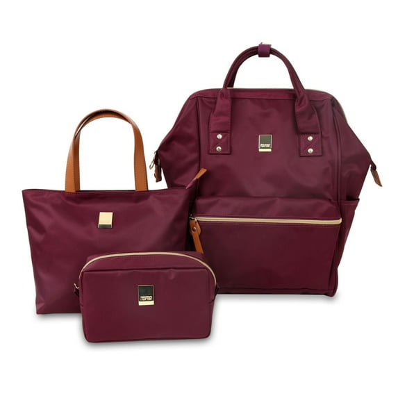 J World Womens' Posy 3 Piece 17" Backpack Set With Travel Tote And Pouch, Wine