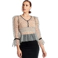 thumbnail image 1 of J'lene Top - Women's 3/4" puff sleeve mesh top with flocked polka dots & peplum hem., 1 of 6