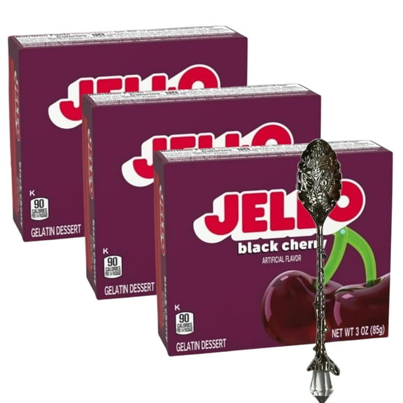Jll-0 Gelatin Dessert Mix, 3 oz Box (Pack of 3) with Candy Freezer Gem Spoon (Black Cherry Flavor) - Gem Spoon