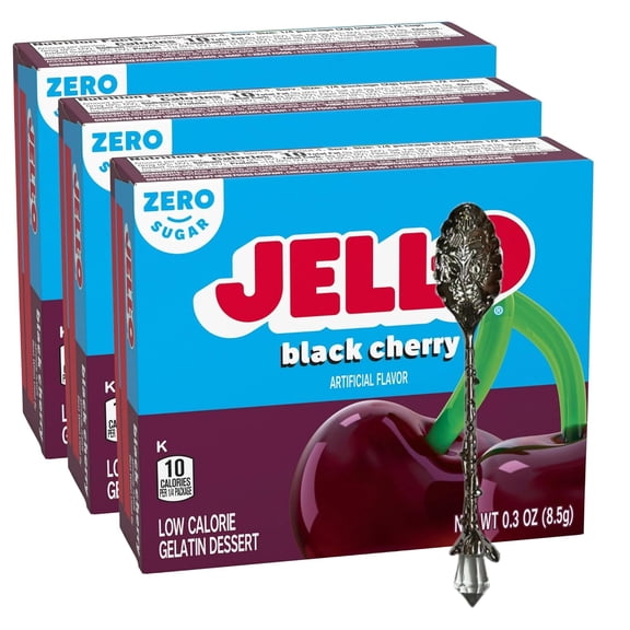 Jll-0 Gelatin Dessert Mix, 3 oz Box (Pack of 3) with Candy Freezer Gem Spoon (Black Cherry Zero Sugar Flavor) - Gem Spoon