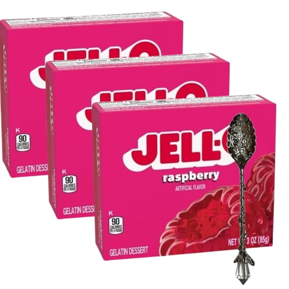 Jll-0 Gelatin Dessert Mix, 3 oz Box (Pack of 3) with Candy Freezer Gem Spoon (Raspberry) - Gem Spoon