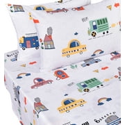 J-pinno Cars Bus Traffic Transport Boys Full 100% Cotton 4 Pcs Sheet Set Bedroom Decoration Gift Flat Sheet + Fitted Sheet + Pillowcase Bedding Set