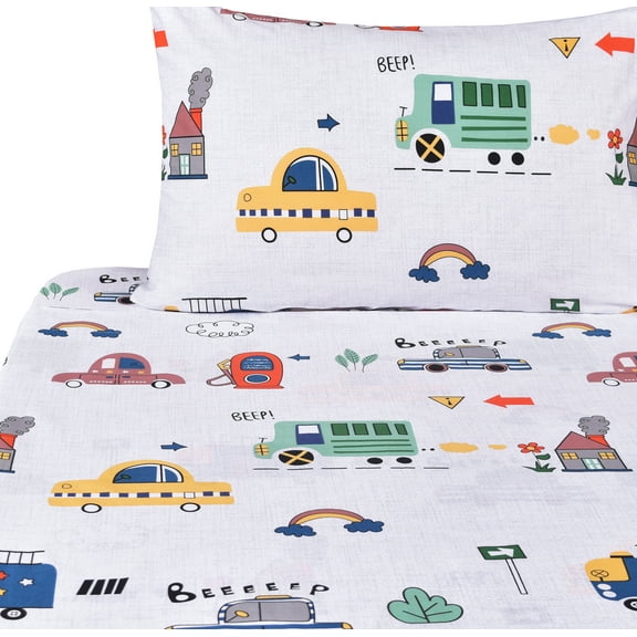 J-pinno Cars Bus Traffic Transport Boys Twin 100% Cotton Sheet Set Bedroom Decoration Gift Flat Sheet + Fitted Sheet + Pillowcase Bedding Set