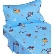 J-pinno Cars Truck Tractor Digger Building 100% Percale Cotton 3 Pieces Crib Sheet Set for Kids Toddler Boys Girls, Flat & Fitted Sheet & Pillowcase, Cozy Breathable Unisex Nursery School Bedding Set