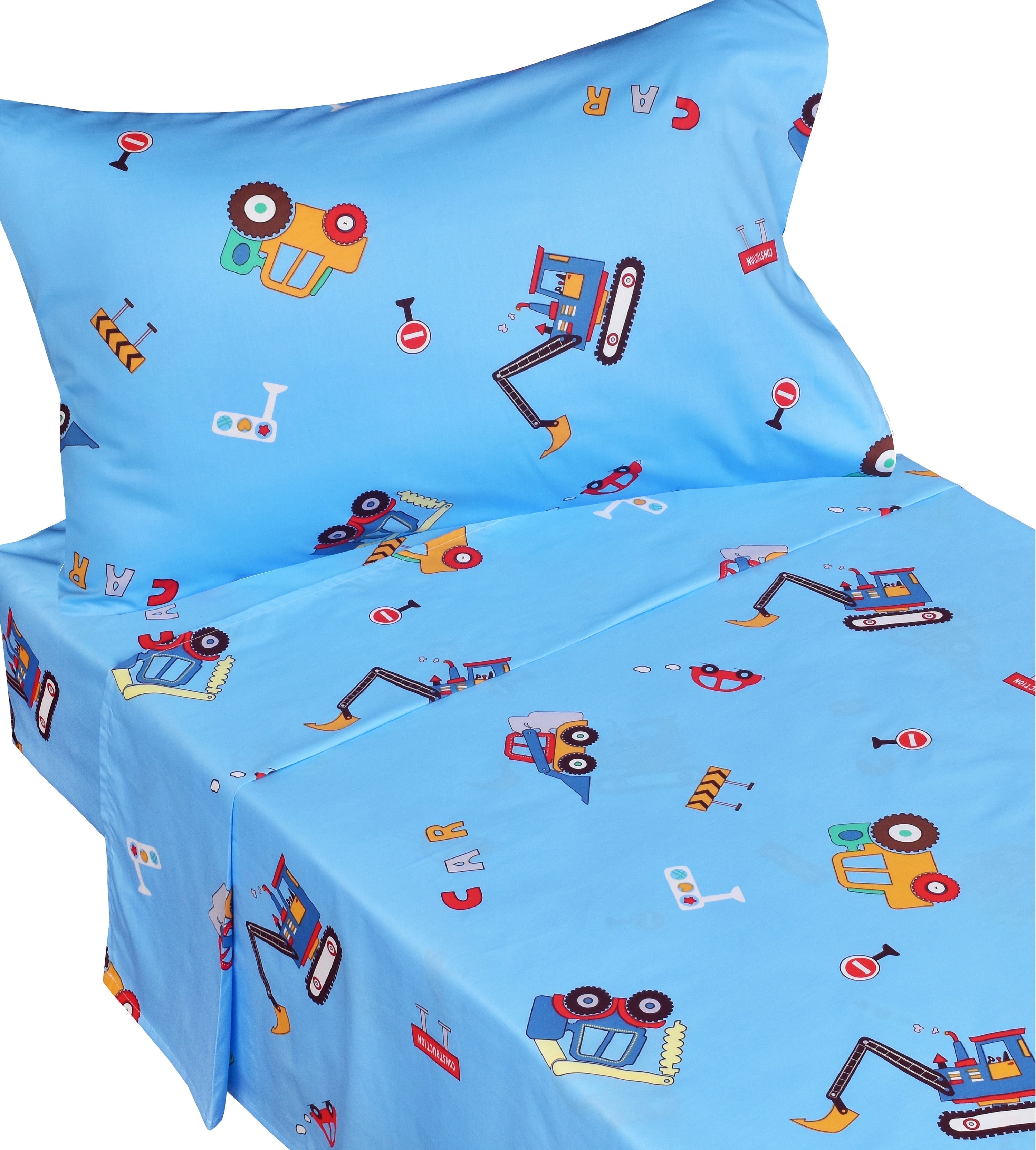 J-pinno Cars Truck Tractor Digger Building 100% Percale Cotton 3 Pieces Crib Sheet Set for Kids Toddler Boys Girls, Flat & Fitted Sheet & Pillowcase, Cozy Breathable Unisex Nursery School Bedding Set