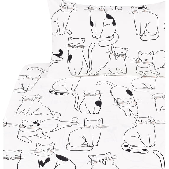 J-pinno Cat Kitty Cute Cozy Fun Full 4 Pcs Sheet Set for Kids Boys Girls Children 100% Cotton Flat Sheet + Fitted Sheet + Pillowcase Bedding Set