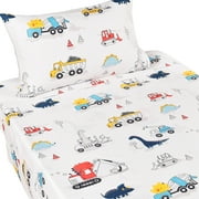 J-pinno Dinosaur Construction Work Digger Cars Vehicle Cute Cozy Fun Twin Sheet Set for Kids Girls Children 100% Cotton Flat Sheet + Fitted Sheet + Pillowcase Bedding Set