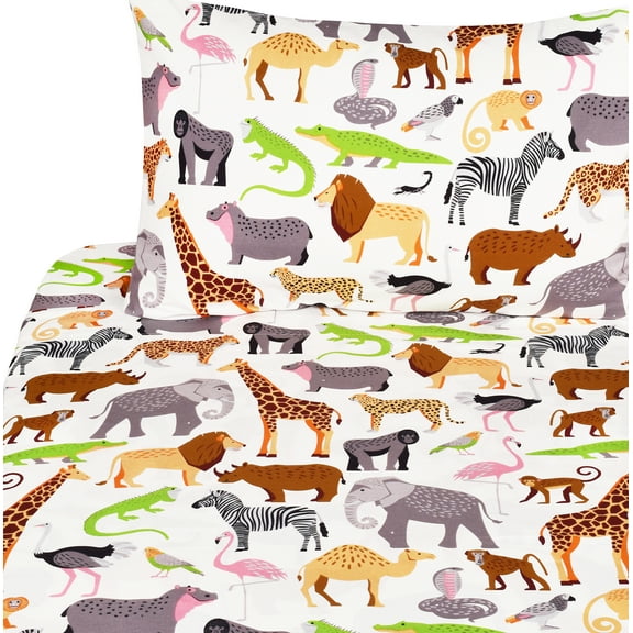J-pinno Jungle Animals Leopard Ostrich Crocodile Snake Twin Sheet Set Kids Boys Bedroom Decoration Gift, 100% Cotton, Flat Sheet + Fitted Sheet + Pillowcase Bedding Set