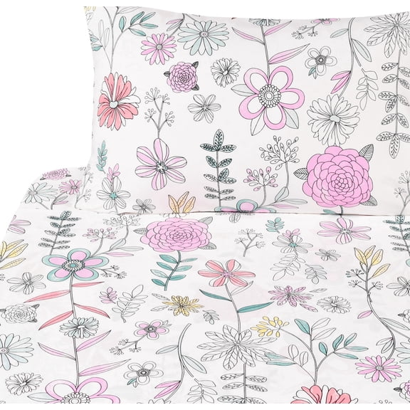 J pinno Painting Flower Plant Cute Fun Twin Sheet Set for Kids Girl Children 100% Cotton Flat Sheet Fitted Sheet Pillowcase Bedding Set