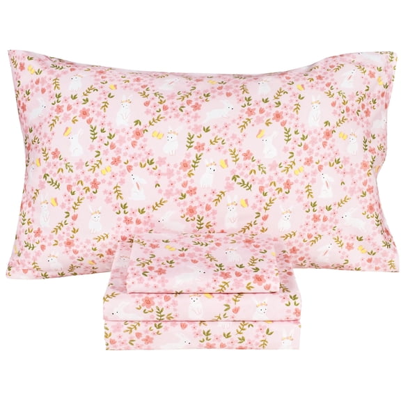 J-pinno Pink Flower Bunny Rabbit cute Fun Full Sheet Set for Kids Girls Teens Gift 100% Cotton Flat Fitted Sheet Pillowcase Bedding Deco Set