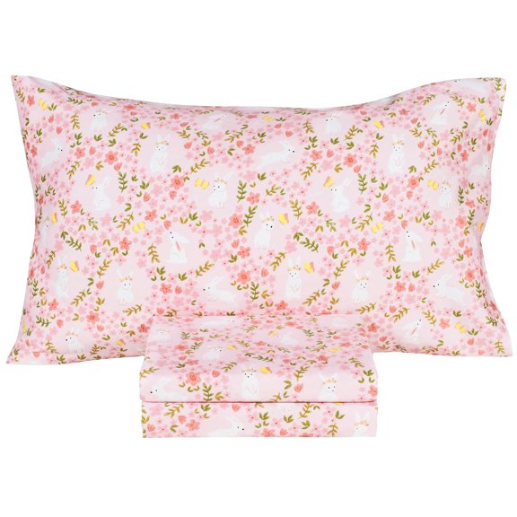 J pinno Pink Flower Rabbit Bunny Cute Fun Twin Sheet Set for Kids Girl Children 100% Cotton Flat Sheet Fitted Sheet Pillowcase Bedding Set