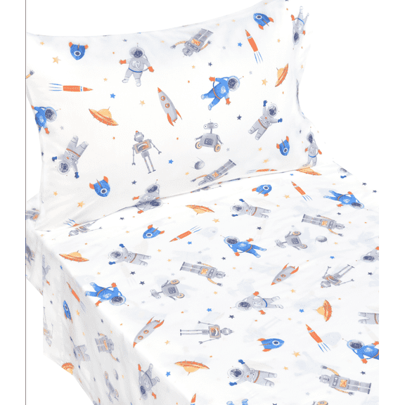 J-pinno Robot Astronaut Space 100% Percale Cotton 3 Pieces Crib Sheet Set for Kids Toddler Boys Girls, Flat & Fitted Sheet & Pillowcase, Cozy Breathable Unisex Nursery School Bedding Set