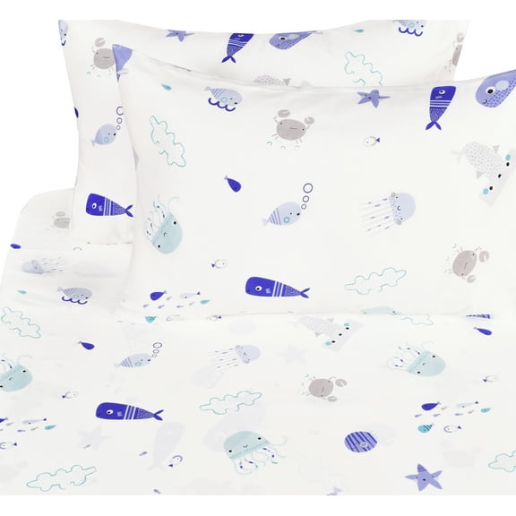 J-pinno Sea Animals Fish Whale Underwater Cute Cozy Fun Full Sheet Set for Kids Girls Children 100% Cotton Flat Sheet + Fitted Sheet + Pillowcase Bedding Set