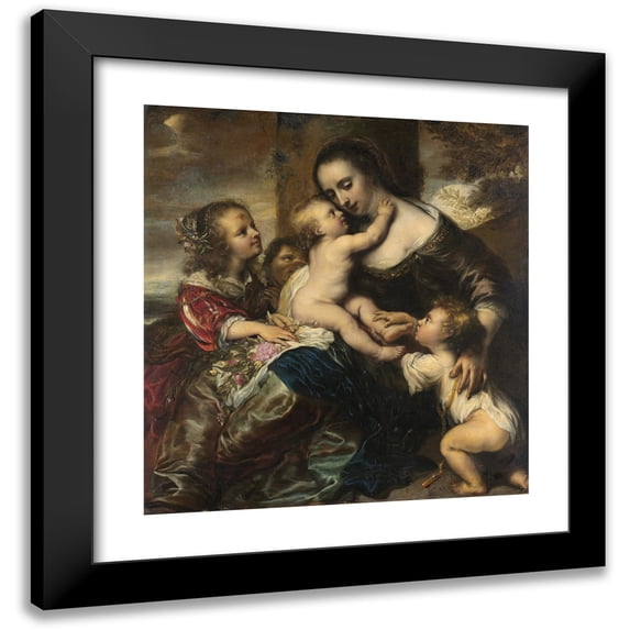 Jürgen Ovens 12x13 Black Modern Framed Museum Art Print Titled - Portrait of a Woman with Four Children, Depicted as Caritas (1650 - 1678)