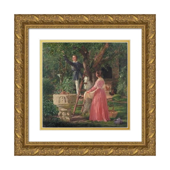 Jørgen Roed 15x15 Gold Ornate Wood Frame and Double Matted Museum Art Print Titled - The Garden with the Old Font (1850)