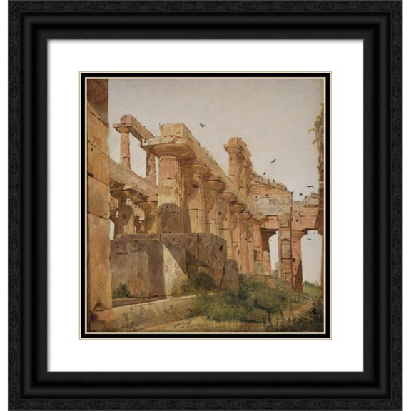 Jørgen Roed 20x21 Black Ornate Framed Double Matted Museum Art Print Titled: The Temple of Hera at Paestum, Italy (1838)