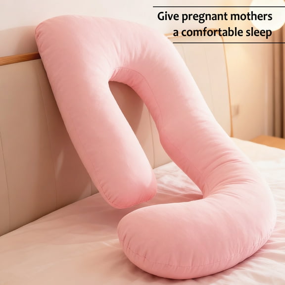 J-shaped full-length pregnancy pillow (1 pack)-ergonomic pregnancy pillow, used for back and abdomen support, filled with soft polyester fiber, with washable gray coat, pink.