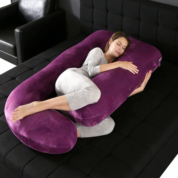 J-shaped full-length pregnant pillow (1 pack)-ergonomic pregnant pillow, used for back and abdomen support, filled with soft polyester fiber, equipped with washable purple coat, purple