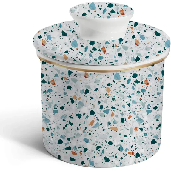J.west Ceramic Butter Dish, Modern Boho Terrazzo Farmhouse Butter Crock for Counter with Water Line for Spreadable Butter,Porcelain French Butter Keeper with Lid Bell Shaped Light Blue