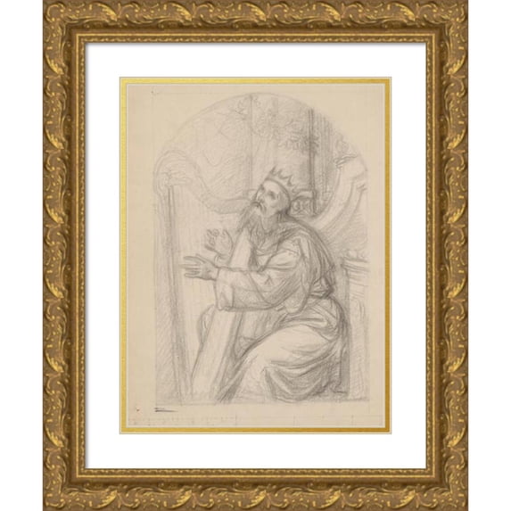 Józef Simmler 12x14 Gold Ornate Wood Frame and Double Matted Museum Art Print Titled - Sketch to the Painting ‘King David Playing the Harp’ (1855)
