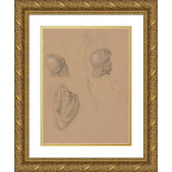 Józef Simmler 12x14 Gold Ornate Wood Frame and Double Matted Museum Art Print Titled - Studies of Heads in Helmets ‘Queen Jadwiga's Oath’ (1867)