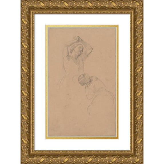 Józef Simmler 12x18 Gold Ornate Wood Frame and Double Matted Museum Art Print Titled - Sketch of Two Female Figures to the Painting ‘Martyrdom of St. Josaphat Kuntsevych’ (1861)