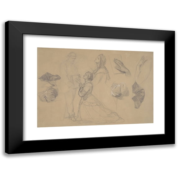 Józef Simmler 14x11 Black Modern Framed Museum Art Print Titled - Sketches of Figures of the Queen and Jaśko of Tęczyn for the Painting ‘Queen Jadwiga's Oath’ (1867)