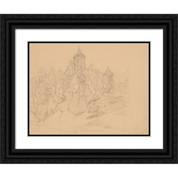 Józef Simmler 14x12 Black Ornate Wood Framed Double Matted Museum Art Print Titled: View of the Ruins of the Castle in Ojcow (1860)