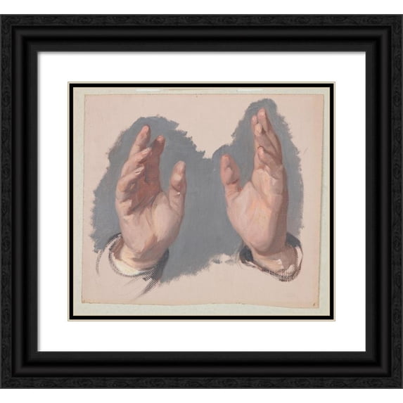 Józef Simmler 16x15 Black Ornate Wood Framed Double Matted Museum Art Print Titled - Study (I) of Both Hands of the Bishop to the Painting ‘The Oath of Queen Jadwiga’ (1867)