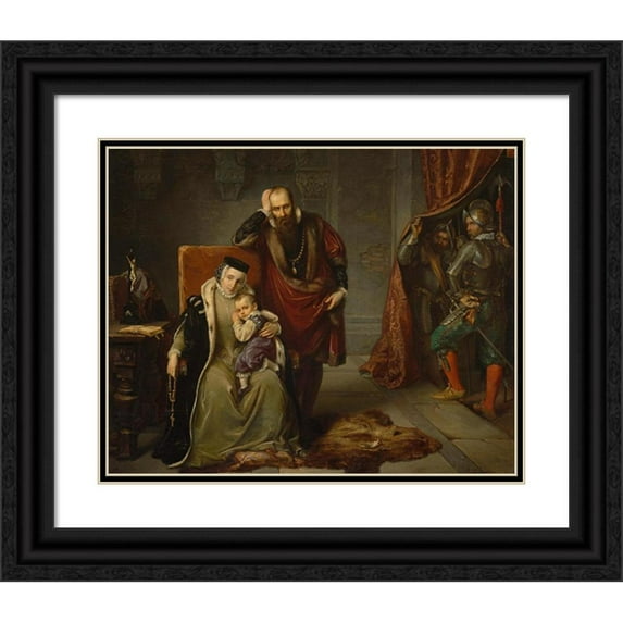 Józef Simmler 18x15 Black Ornate Wood Framed Double Matted Museum Art Print Titled - Catherine Jagiellon with Her Son Sigismund in Prison (1859)