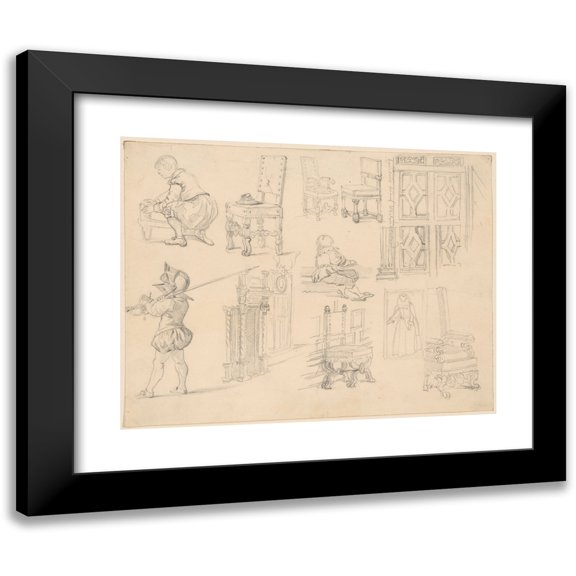 Józef Simmler 24x20 Black Modern Framed Museum Art Print Titled - Sketches of Baroque Costumes and Furniture (1860-1867)