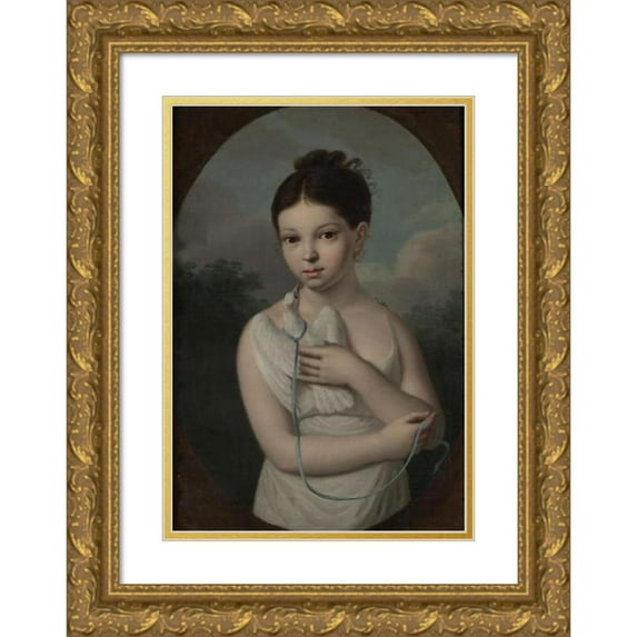 Józef Sonntag 14x18 Gold Ornate Wood Frame and Double Matted Museum Art Print Titled - Portrait of Jozia Walicka (1808-1880) with a Dove (Between 1811 and 1813)