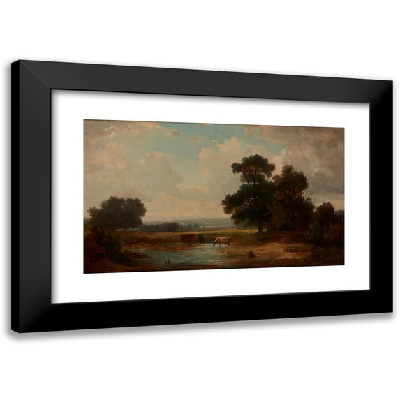 Józef Szermentowski 14x10 Black Modern Framed Museum Art Print Titled - Landscape with Cows at a Watering-Place (1880)