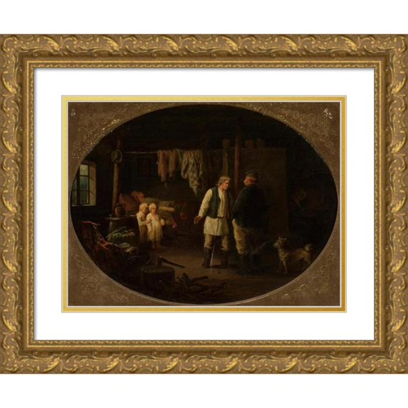 Józef Tadeusz Polkowski 14x12 Gold Ornate Wood Frame and Double Matted Museum Art Print Titled - Destitution in a Peasant Cottage (1875)