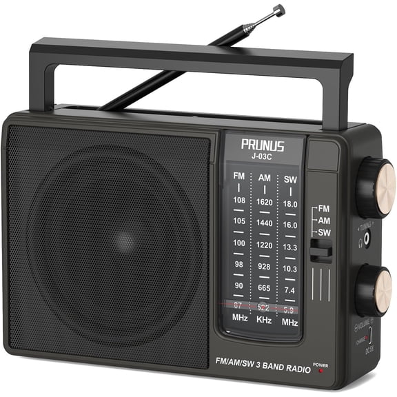J03C AM FM Radio Portable USB or AA Battery Operated for Home/Outdoor, Large Speaker Excellent Sound, Excellent Recept 19.5 ant, Large Tuning Knobs,Gifts for Seniors, No,Internet Radio
