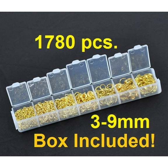 J179 - Box with Assortment of 1780pcs Gold Plated Open Jump Rings- 3mm to 9mm