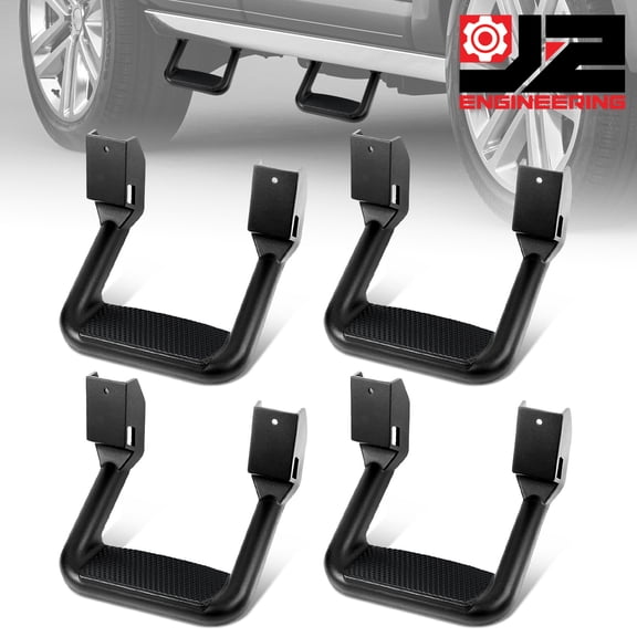 J2 Engineering 4pc Black Powder Coated Cast Aluminum Non-Slip Hoop Side Assit Pickup Step Bar