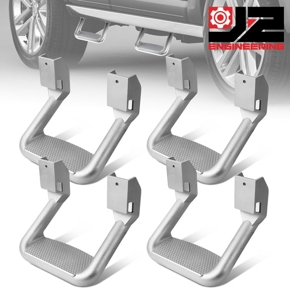 J2 Engineering 4pc Silver Powder Coated Cast Aluminum Non-Slip Hoop Side Assit Pickup Step Bar