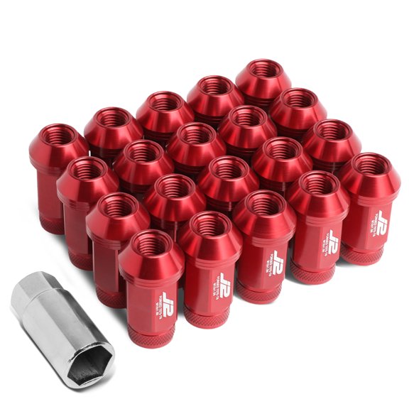 J2 Engineering LN-T7-021-15-RD J2 Engineering 7075 -T6 Forged Aluminum M12 x 1.5 20Pcs 50mm Knurled Top Lug Nuts w/ Adapter Red