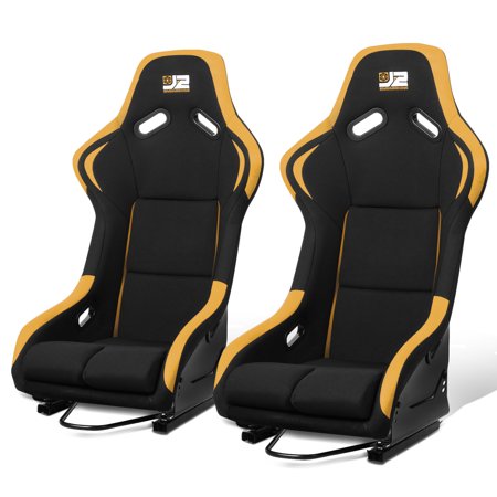 J2 Engineering Pair Universal Bucket Racing Seats Black Yellow Fiberglass Ergonomic Design with Side Mount Brackets